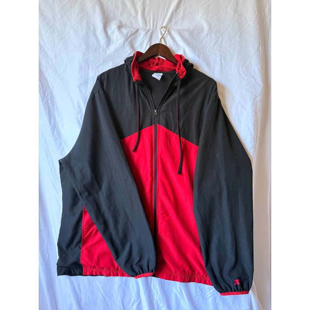 Starter Mens 3XL Windbreaker Jacket Black Red Colorblock Full Zip Hooded Mesh